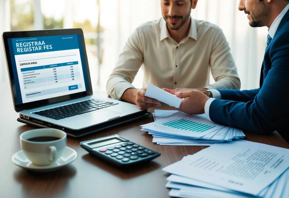 A couple sits at a table with a stack of papers and a calculator, discussing wedding expenses. A laptop displays a webpage with registrar fees