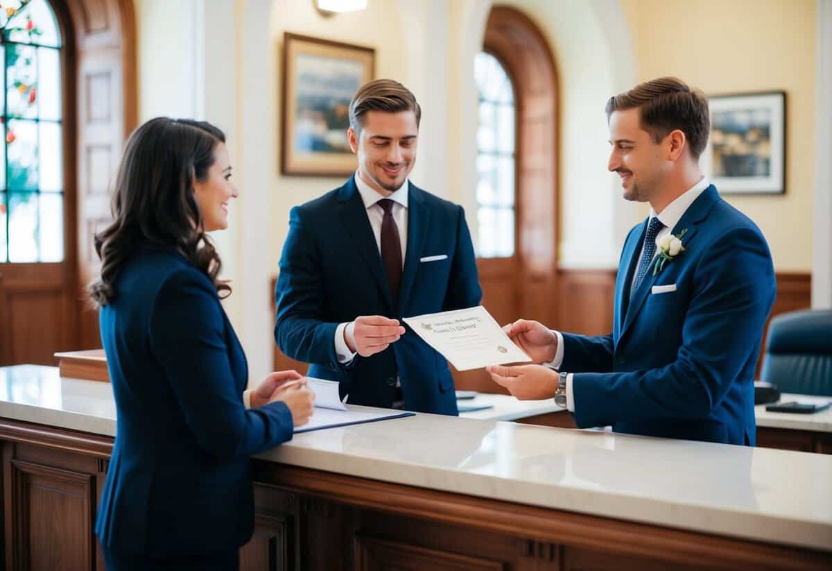 A couple standing at the counter of a government office, speaking to an official and receiving a "free to marry" certificate