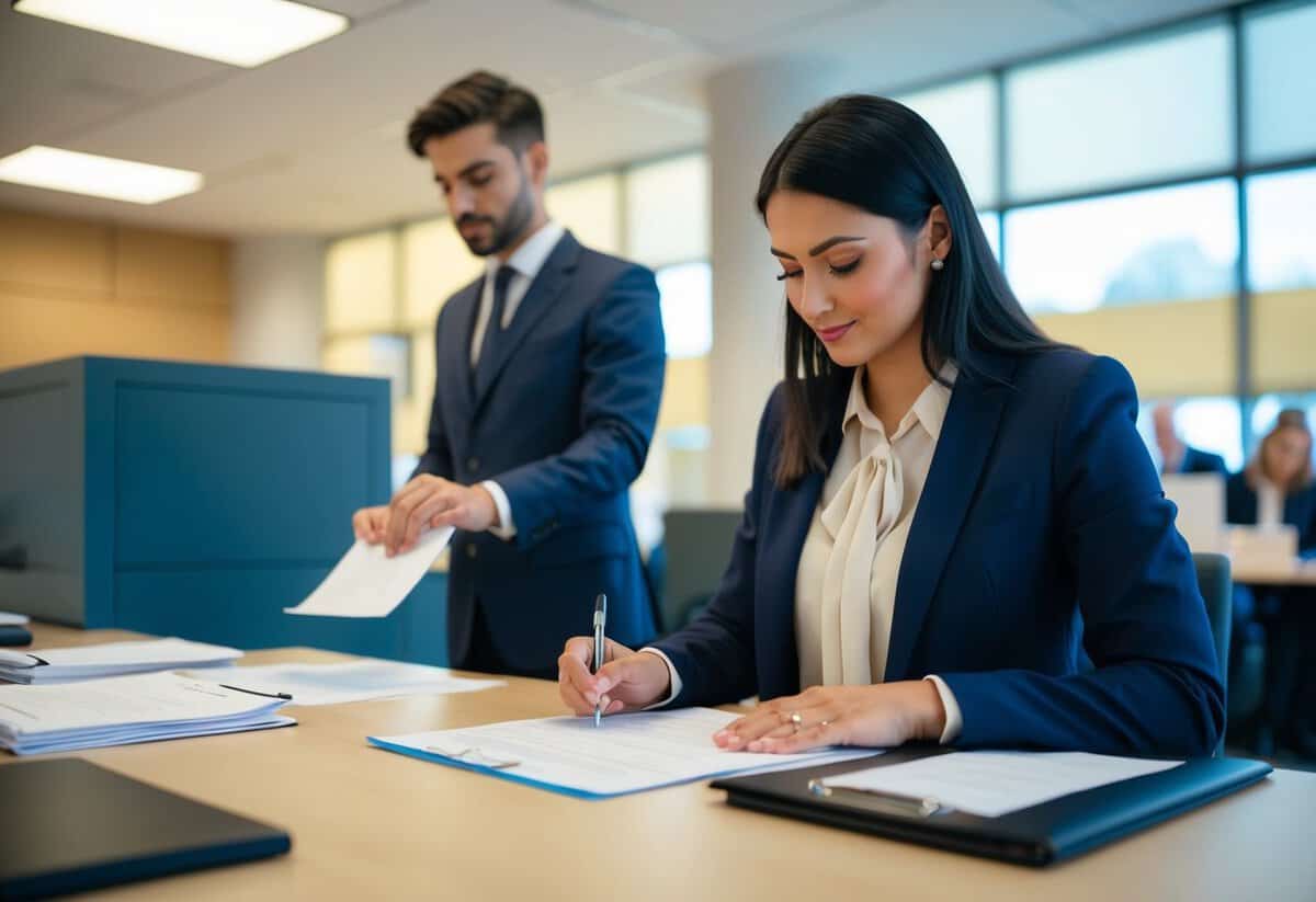 A person filling out paperwork at a government office, with a clerk behind a desk processing their request for a free to marry certificate in the UK