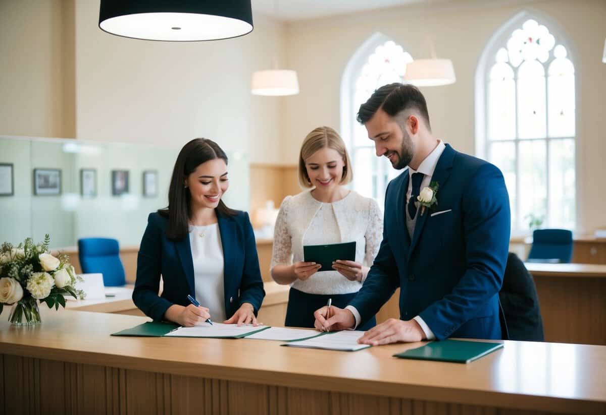 A couple standing at a registry office counter, speaking to a clerk and filling out paperwork for a free to marry certificate
