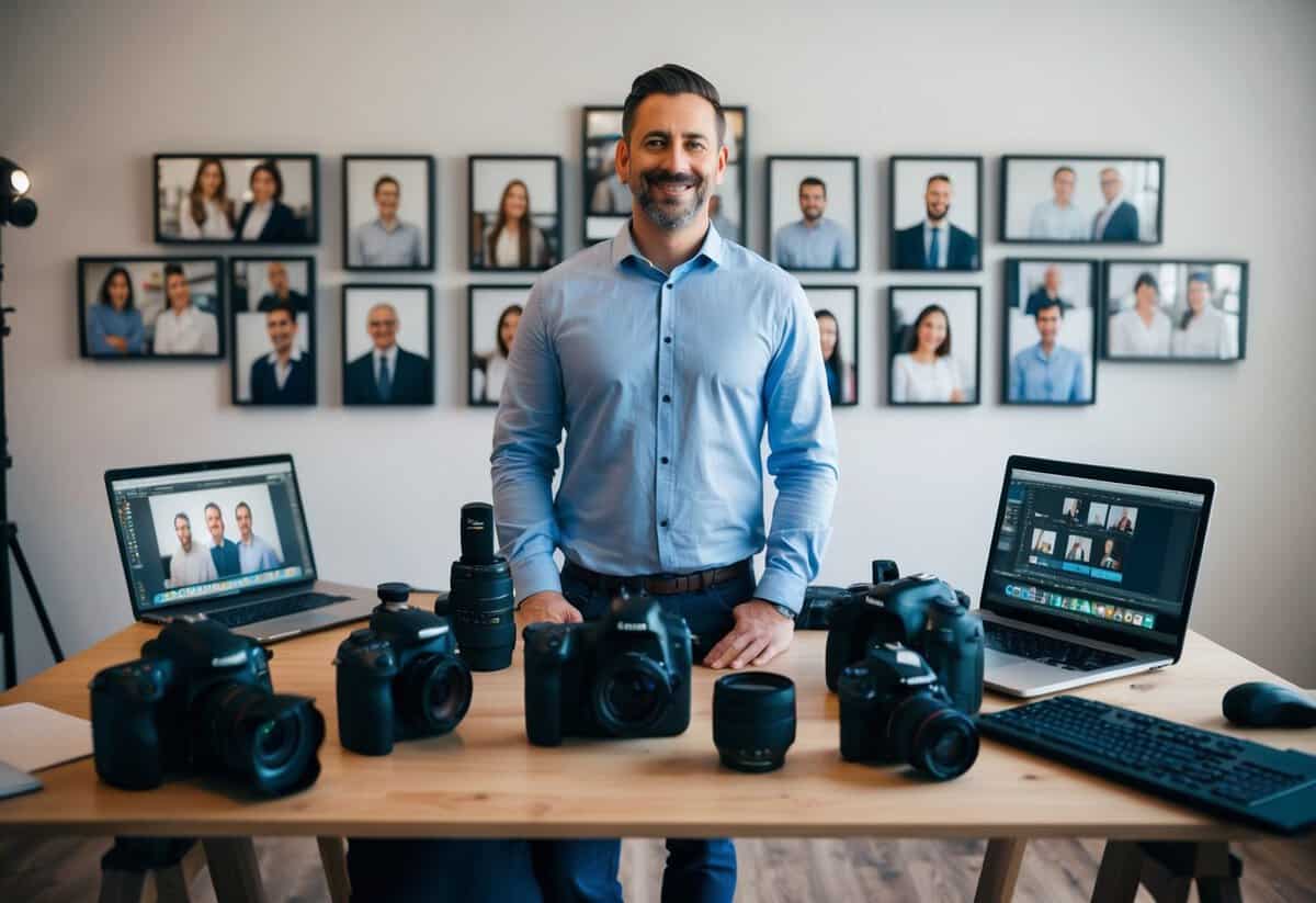 A photographer standing in a studio surrounded by professional camera equipment and editing software, with framed photos of satisfied clients displayed on the walls