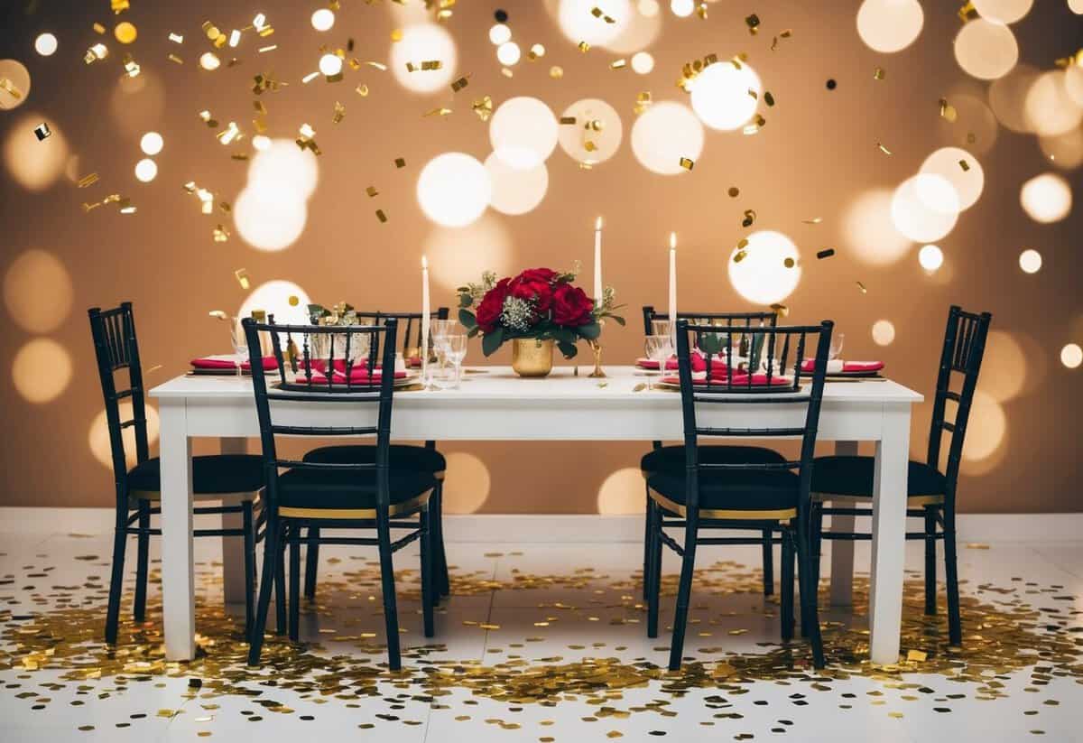 A festive table with empty chairs and scattered confetti