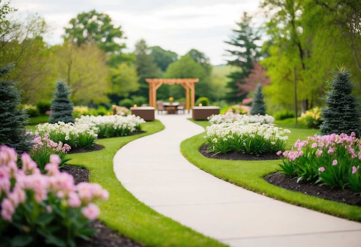 A serene outdoor setting with a winding path leading to a peaceful gathering space, surrounded by blooming flowers and lush greenery