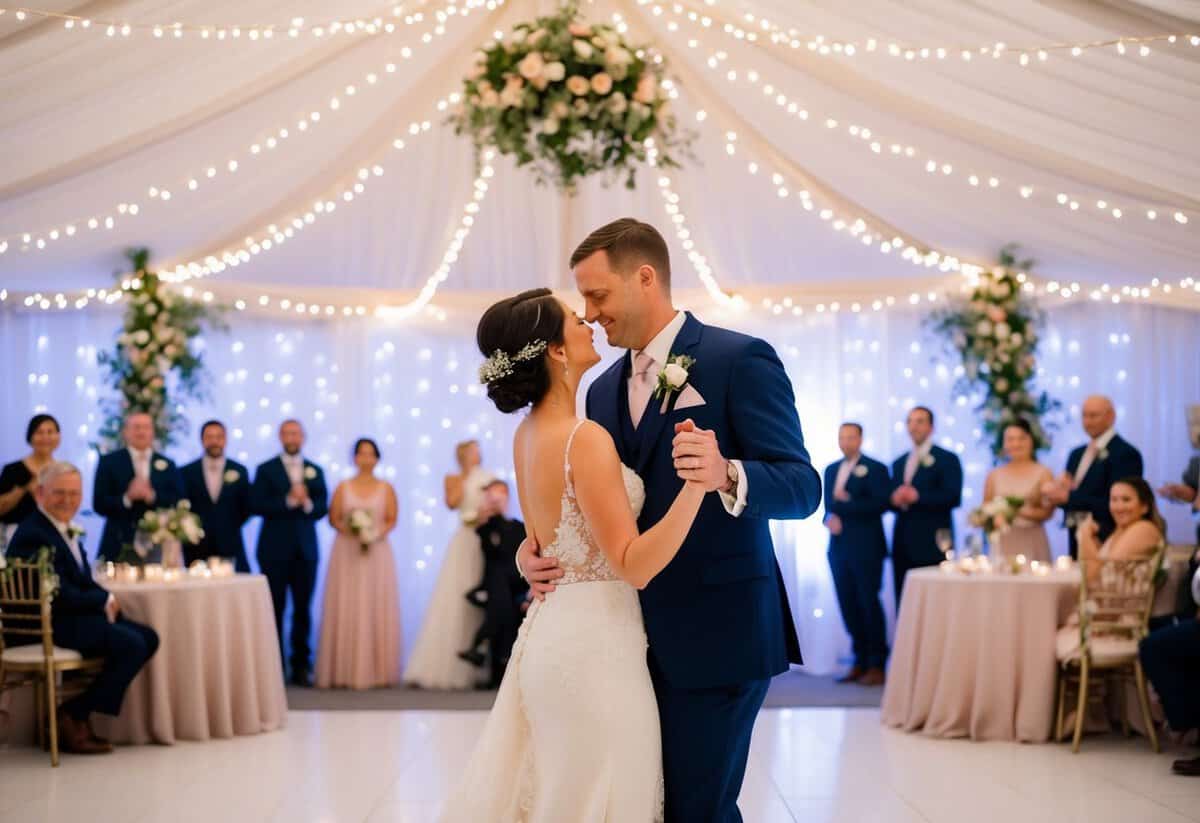A wedding photographer capturing a couple's first dance under a romantic canopy of fairy lights and delicate floral arrangements