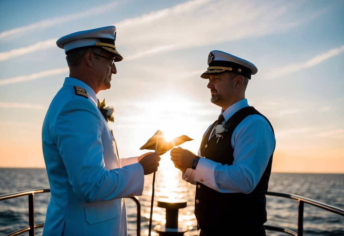 A captain stands at the bow of a ship, officiating a wedding ceremony on the open sea, with the sun setting in the background