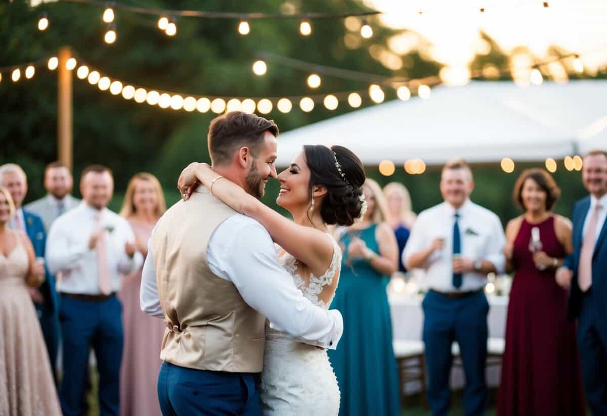 A wedding photographer capturing a couple's first dance at a beautiful outdoor reception, surrounded by twinkling lights and happy guests