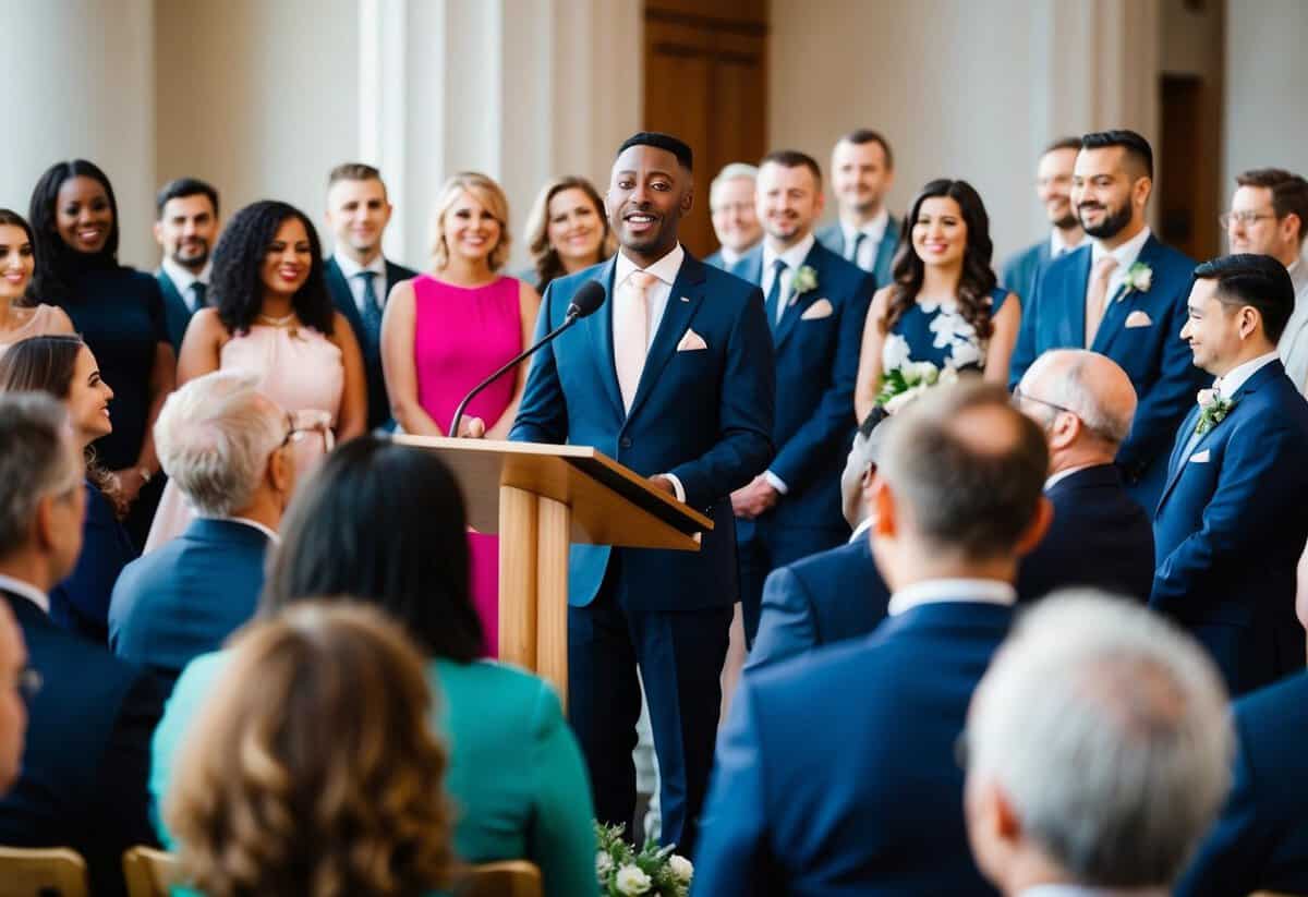 A celebrant standing at a podium, surrounded by a diverse group of people. The celebrant is speaking and holding a ceremony