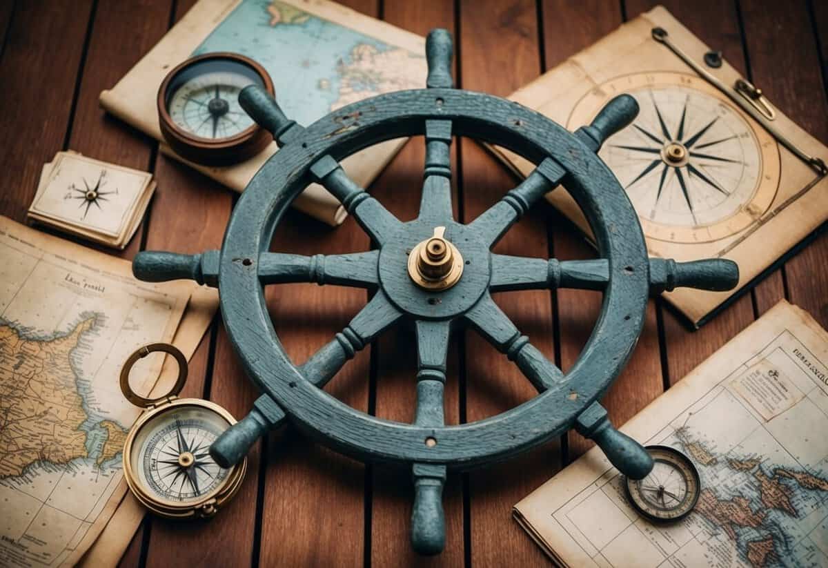 A weathered ship's wheel and compass on a wooden deck, surrounded by nautical maps and historical documents