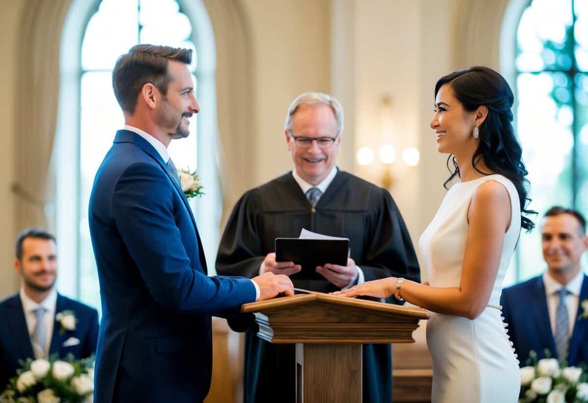 A registrar standing at a podium with a couple in front, exchanging vows