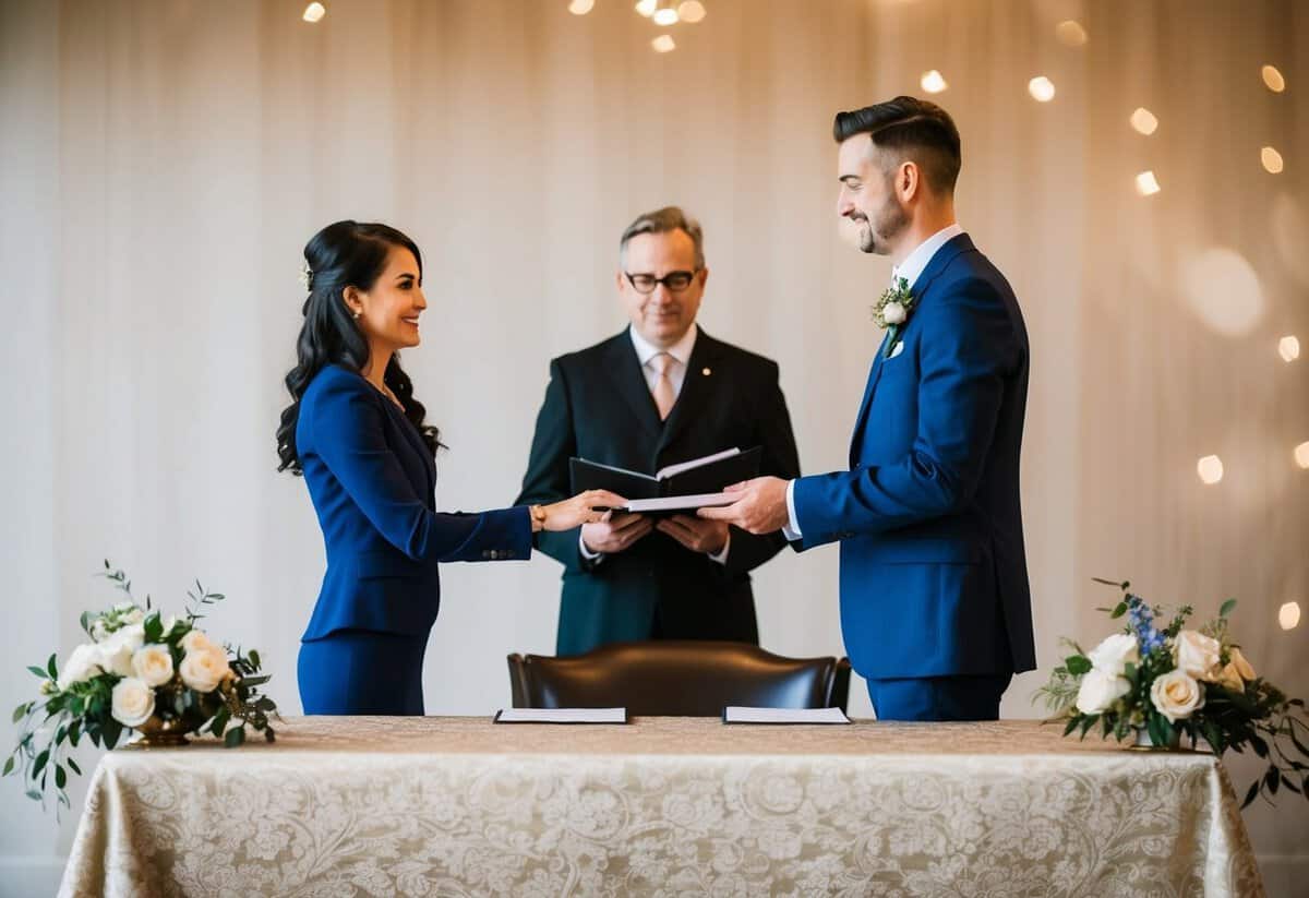 A registrar standing at a decorated table, with a couple in front, exchanging vows