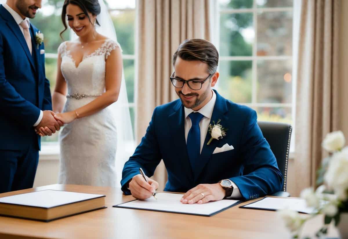 A registrar sitting at a desk, signing a marriage certificate with a couple standing nearby