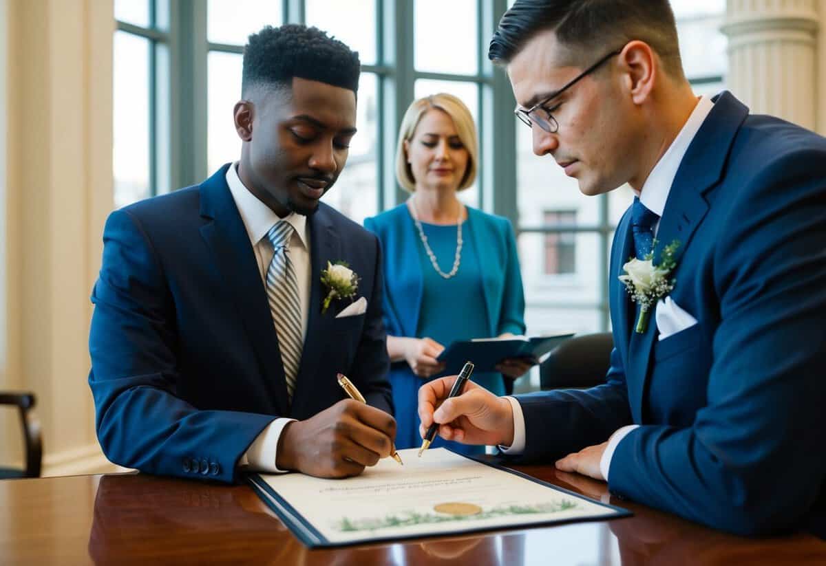 An officiant signing a marriage certificate at a government office