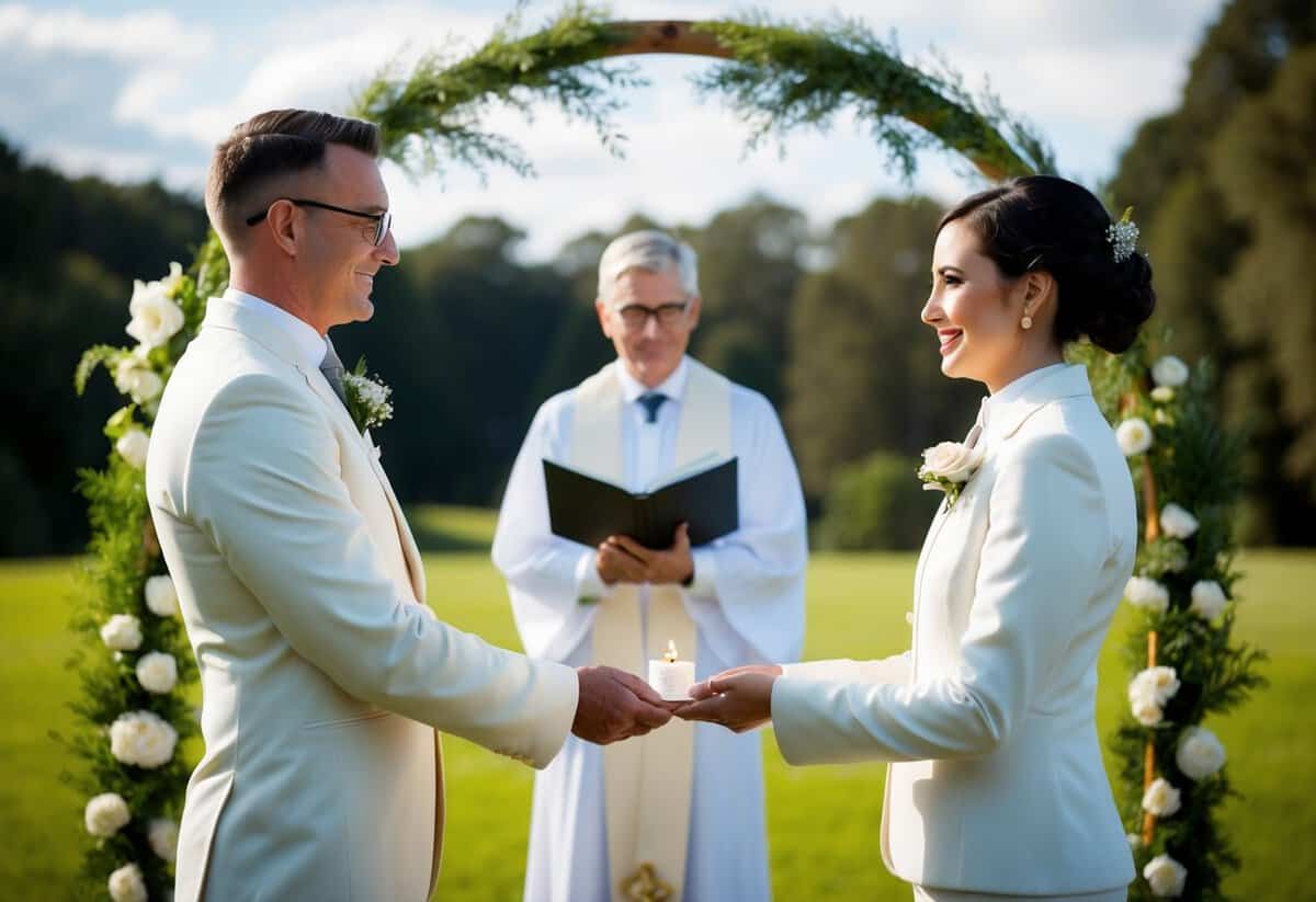A celebrant and a solemniser stand on opposite sides of a wedding arch, each holding a symbolic item representing the union of marriage