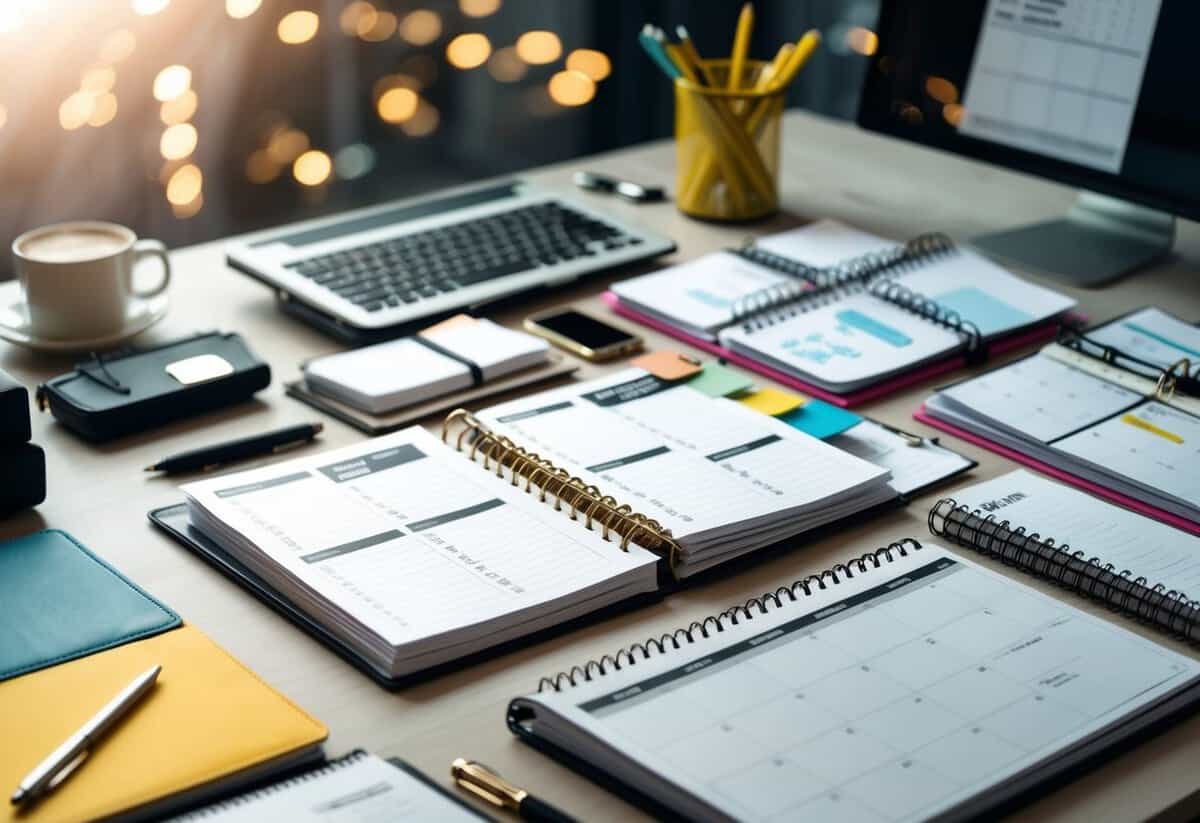 A cluttered desk with a variety of planners and calendars, some open with notes and appointments, others untouched