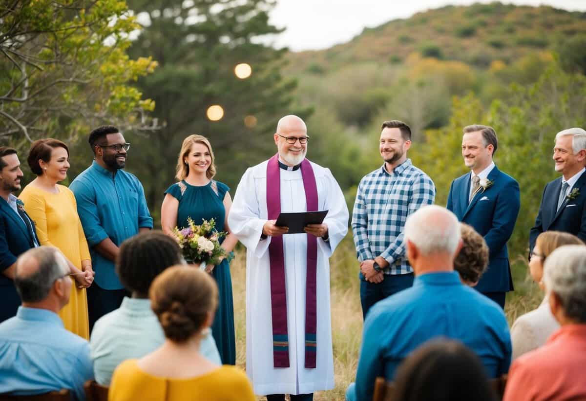 A non-religious celebrant leading a ceremony in a natural setting, surrounded by diverse individuals coming together to celebrate a significant life event
