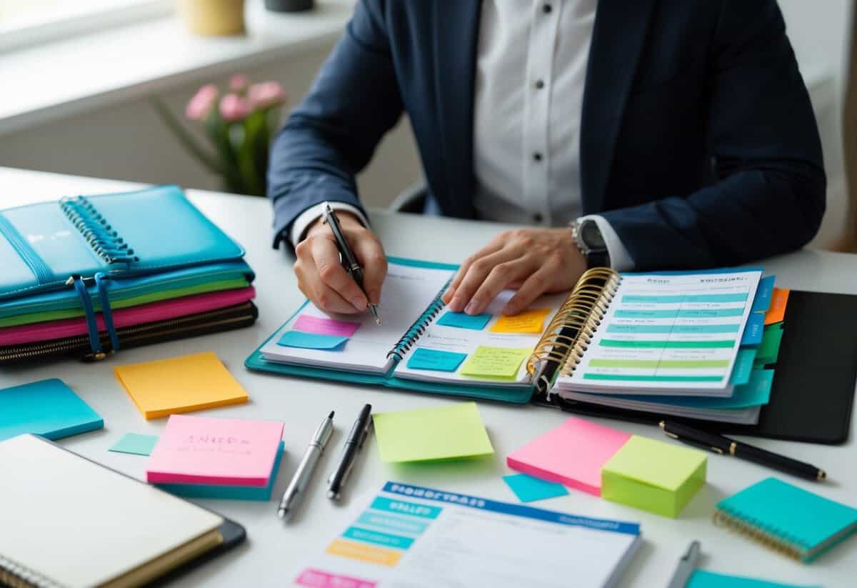 A person sitting at a desk, surrounded by colorful planners, pens, and sticky notes, organizing their schedule and making to-do lists