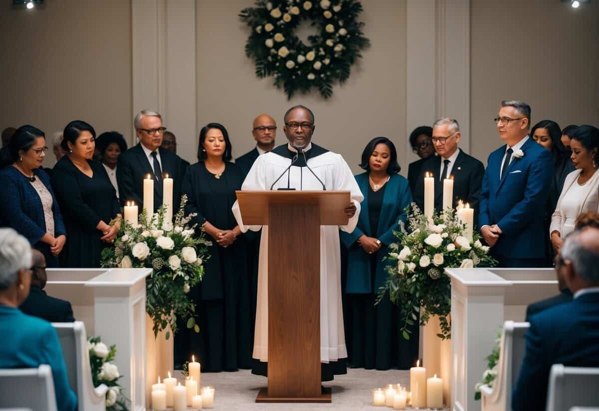 A non-religious celebrant stands at a podium, surrounded by mourners. The setting is serene, with flowers and candles adorning the room