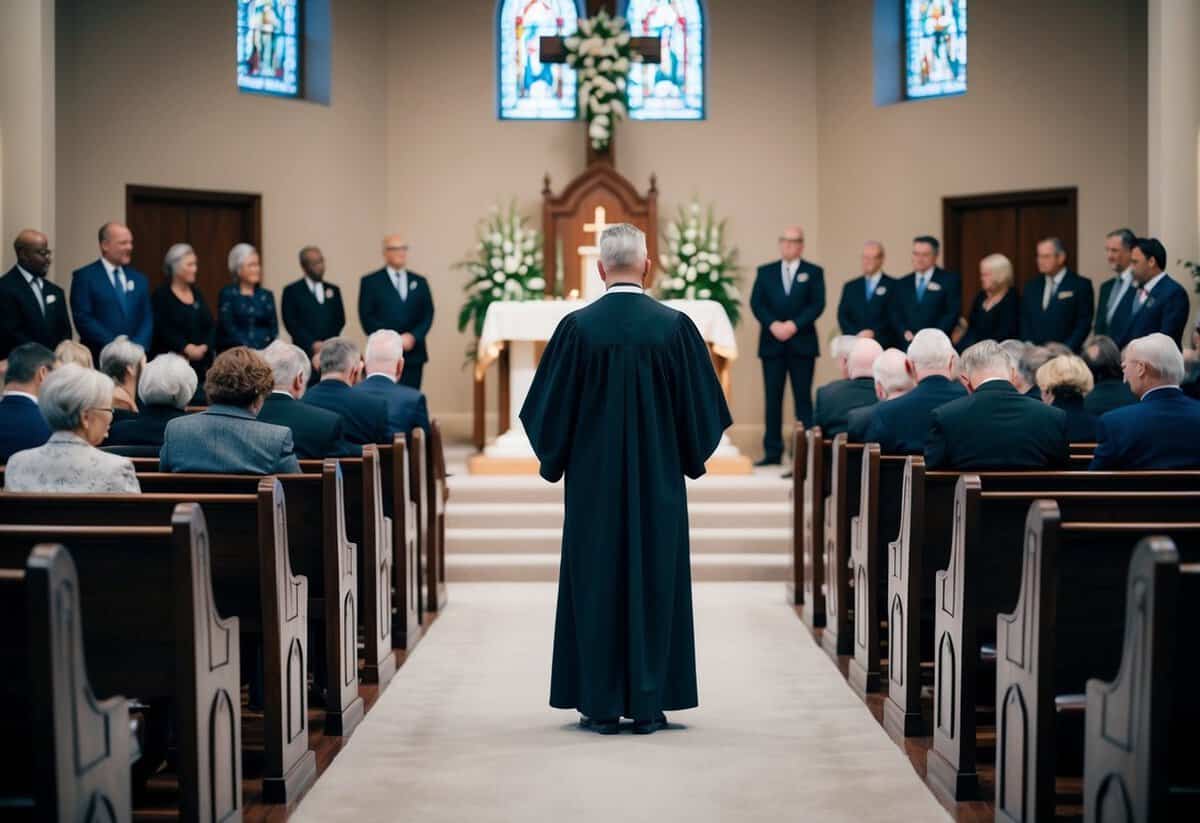 A somber funeral setting with a celebrant standing at the front of the room, surrounded by mourners seated in pews