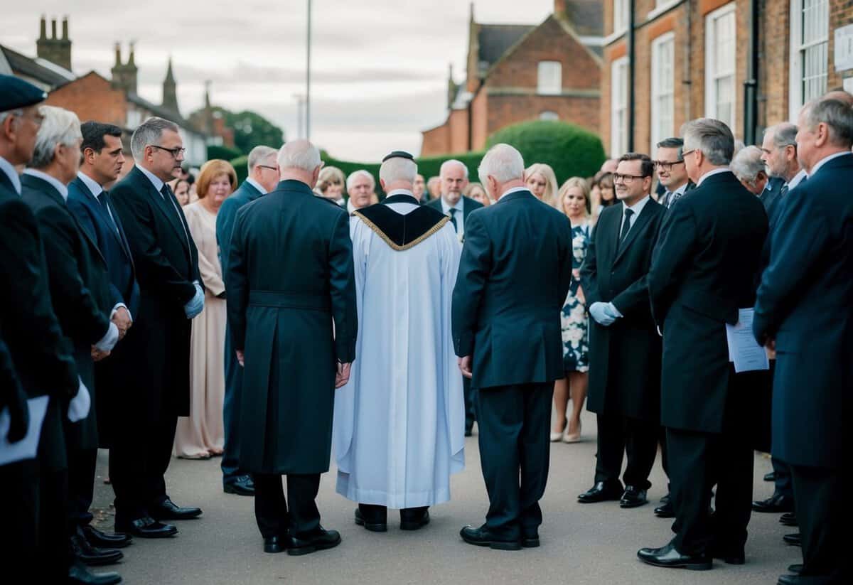 A group of mourners standing around a solemn celebrant at a funeral in the UK
