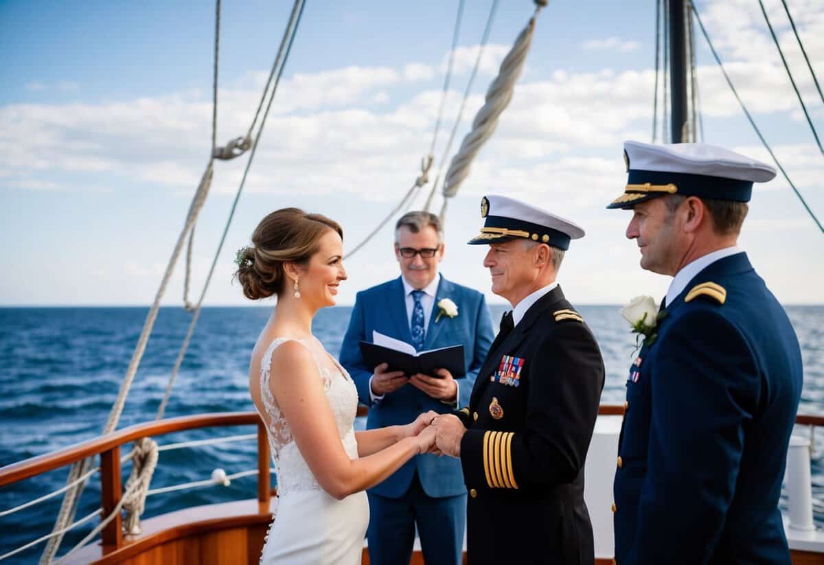 A ship captain officiates a wedding ceremony on the deck of a sailing vessel with the vast sea as the backdrop