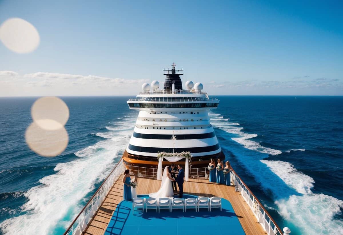 A cruise ship sailing under a clear blue sky with a wedding ceremony taking place on the deck, surrounded by the vast expanse of the ocean