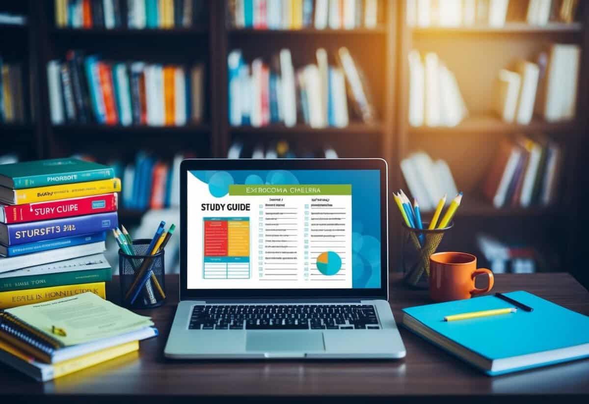 A desk with a variety of textbooks and study materials, a laptop open to a study guide, and a calendar with exam dates circled