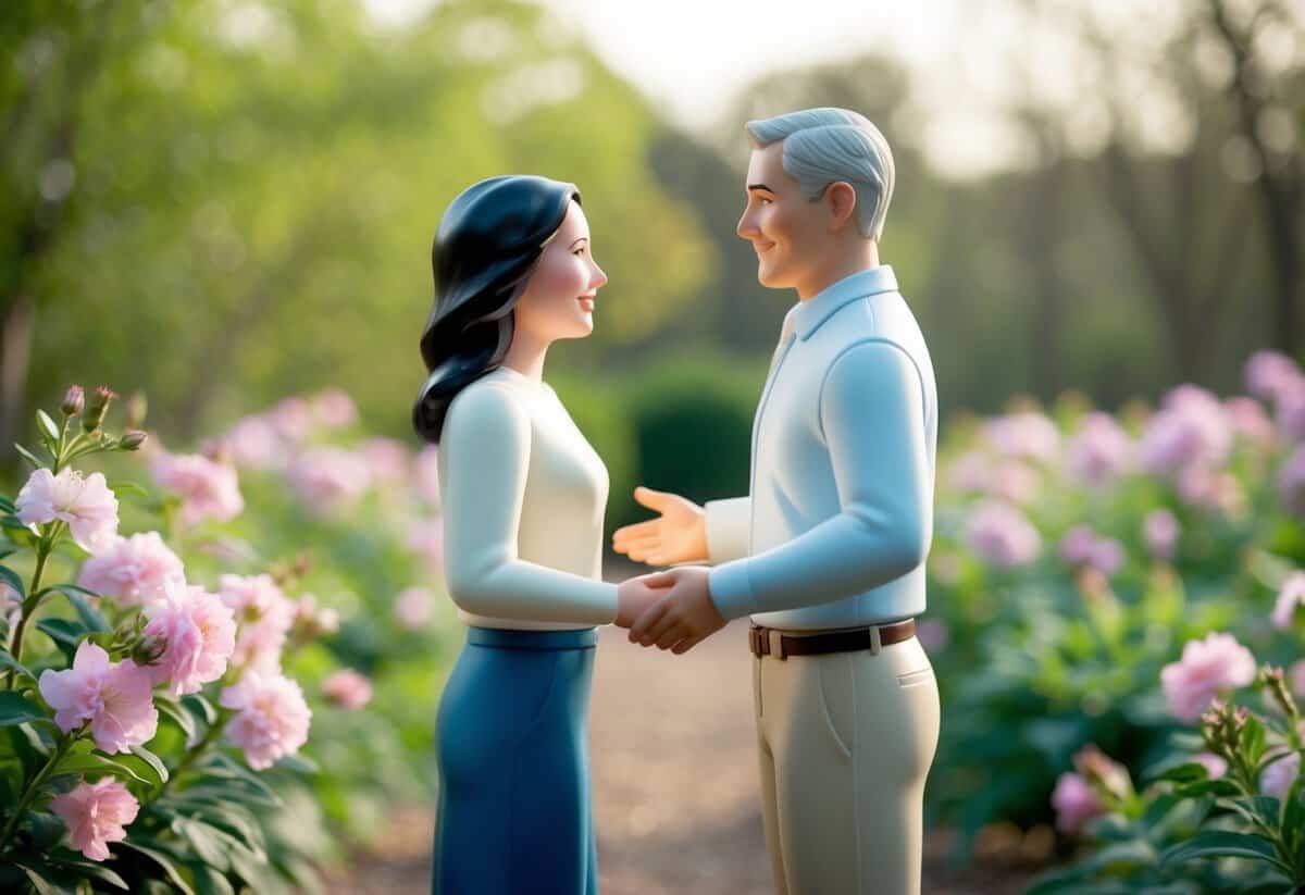 Two figures stand facing each other in a serene outdoor setting, surrounded by blooming flowers and greenery. One figure gestures towards the other with a sense of warmth and joy