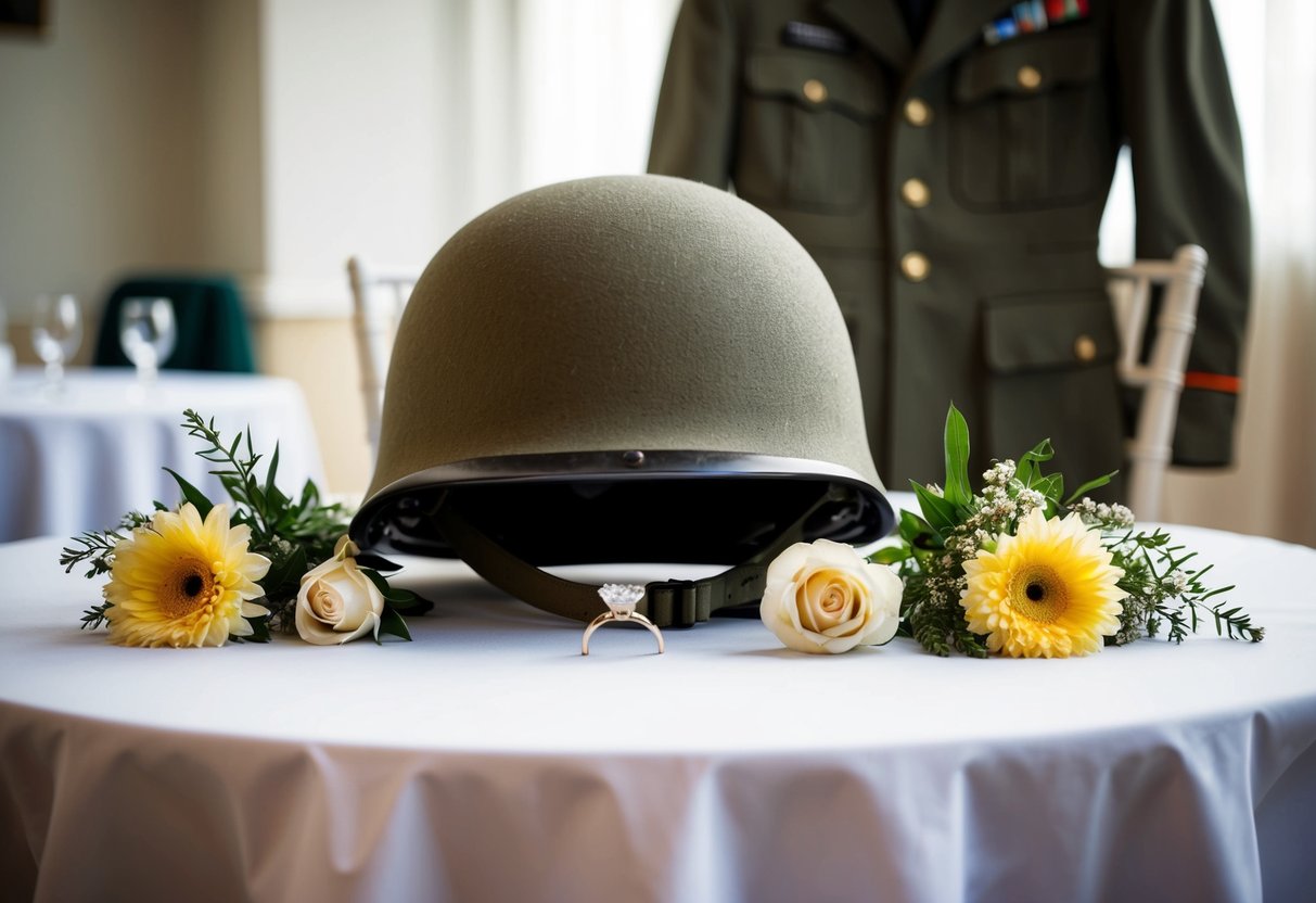 A soldier's helmet rests on a table, surrounded by flowers and a wedding ring. A uniform jacket hangs on a chair nearby