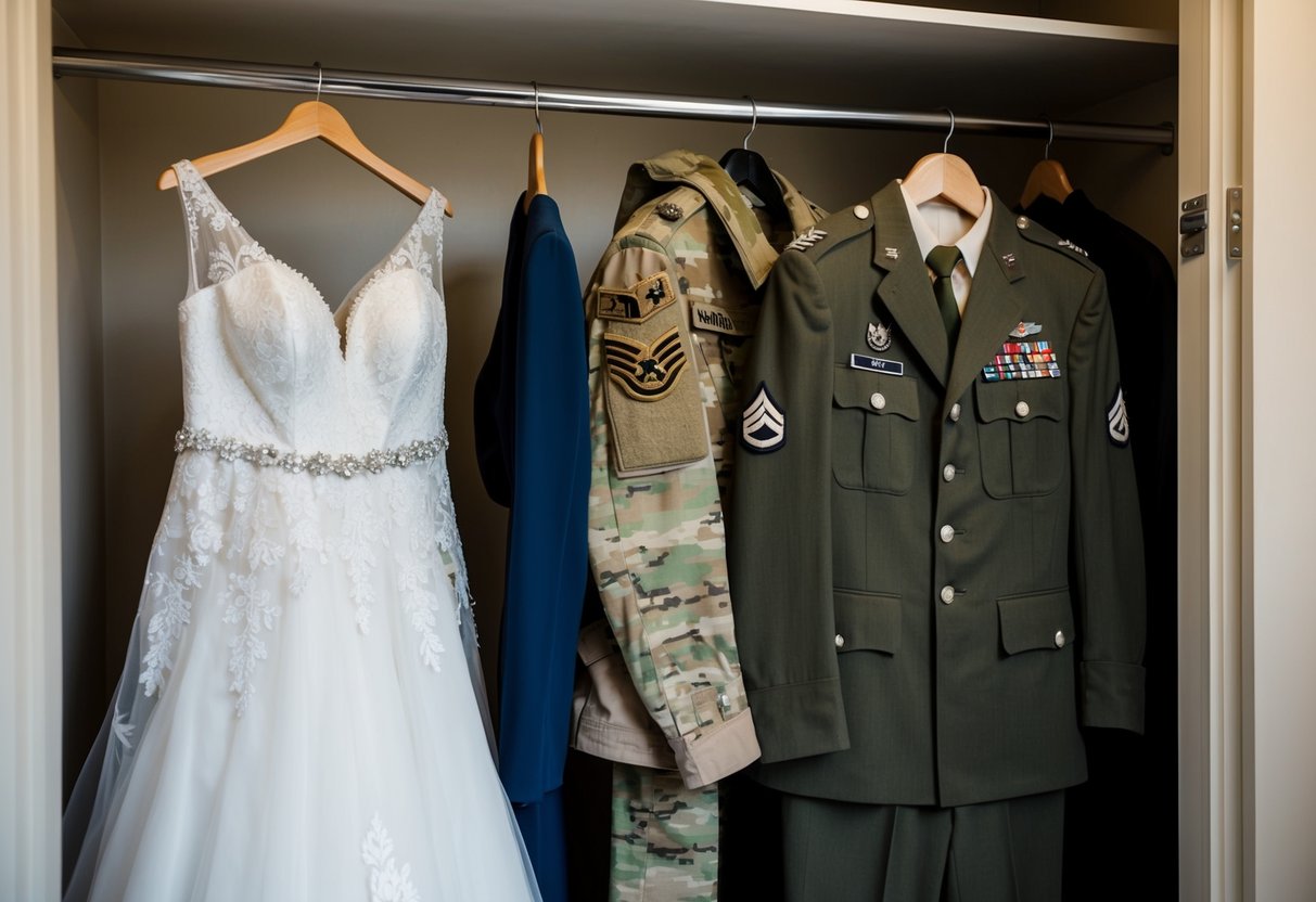 A soldier's uniform hanging next to a wedding dress, with military gear and civilian clothing side by side in a closet