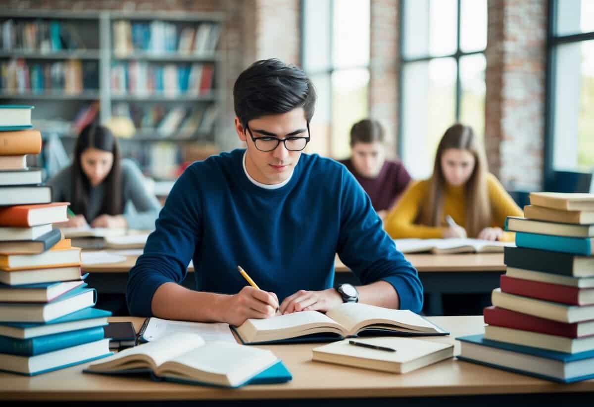 A student studying a range of subjects, with books, notes, and study materials scattered around a desk
