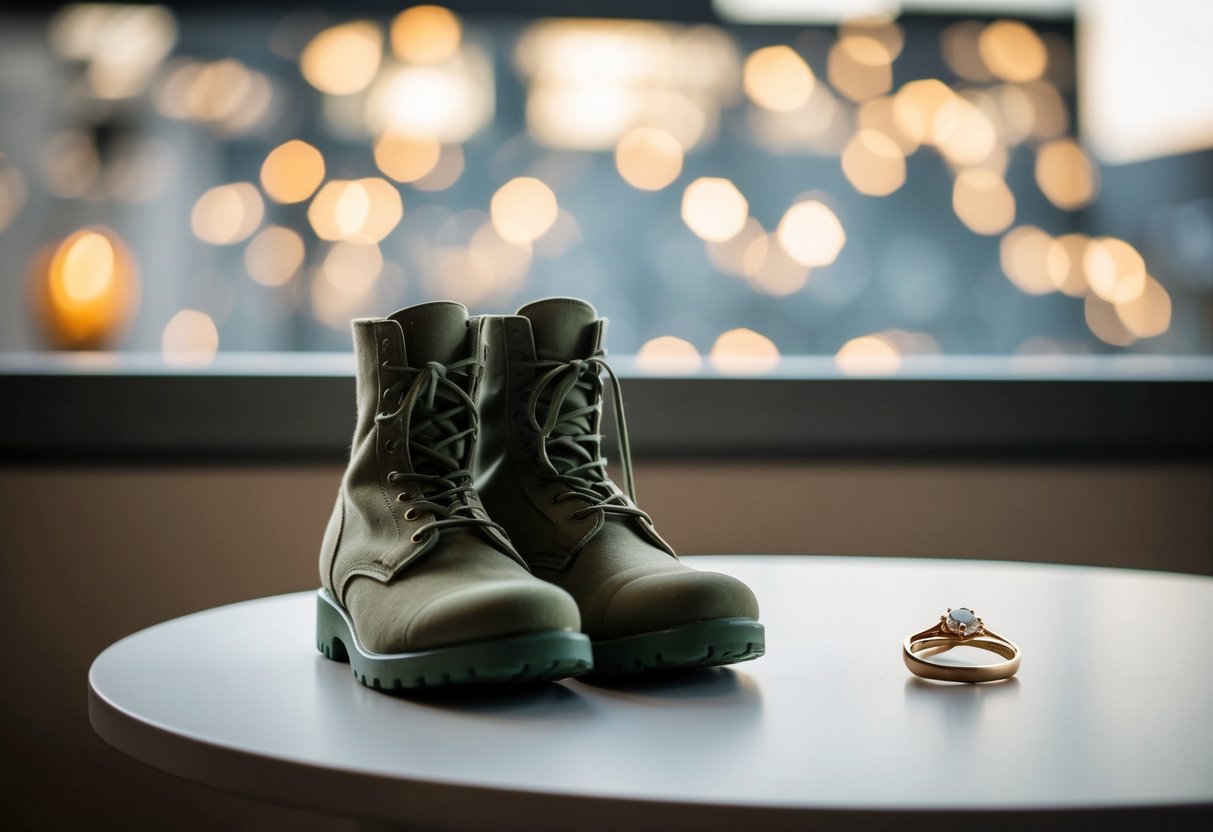 A soldier's uniform and boots placed neatly next to a wedding ring on a table