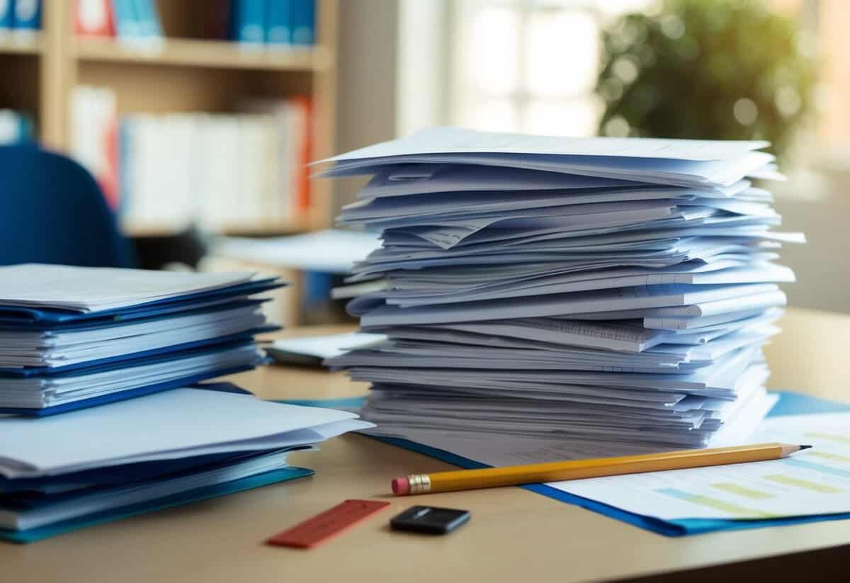 A stack of GCSE assessment papers and coursework assignments scattered on a desk, with a pencil and ruler lying nearby