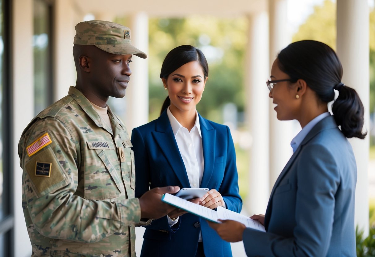 A soldier and spouse stand in front of a financial advisor, discussing discounts and benefits
