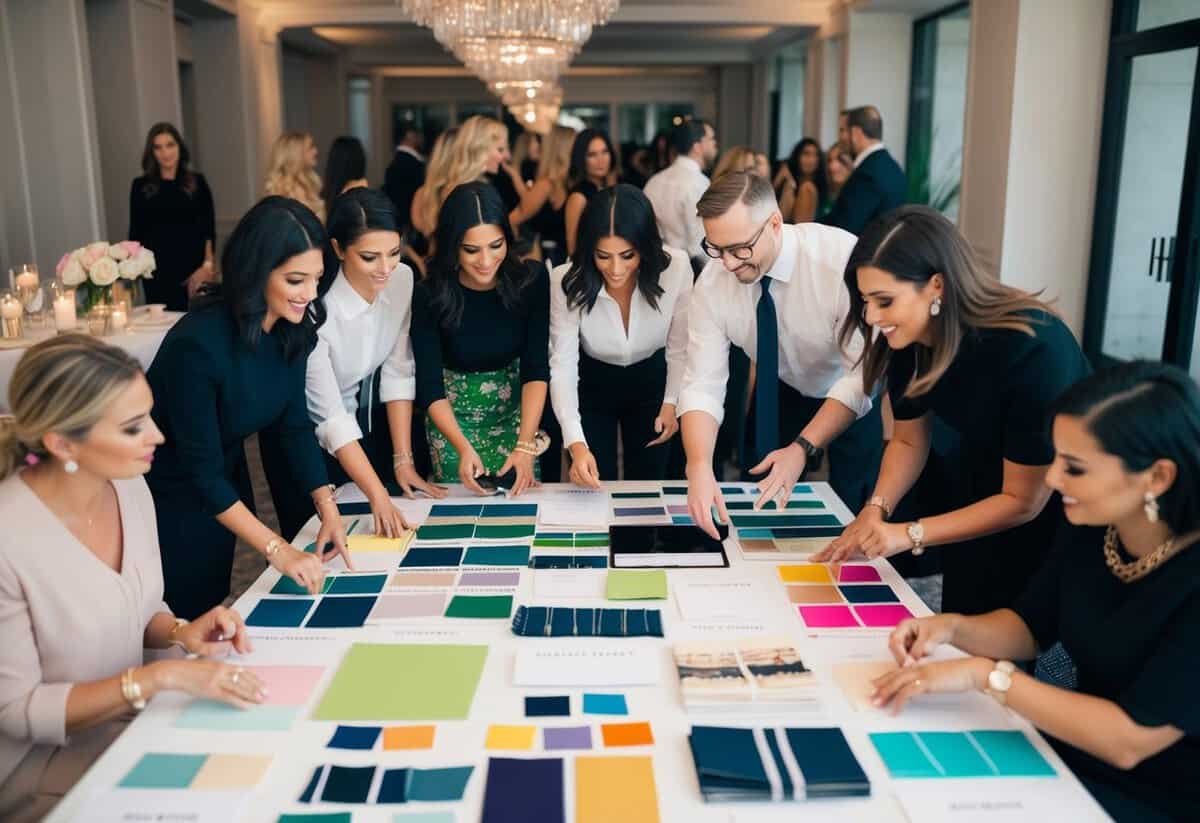 A team of event planners gathers around a table covered in mood boards and fabric swatches, brainstorming ideas for the Kardashian party