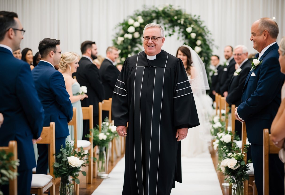 The wedding officiant walks down the aisle, leading the processional