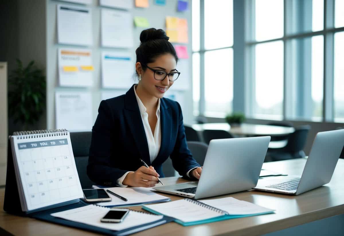 An event manager working at a desk with a calendar, laptop, and phone, surrounded by planning notes and documents