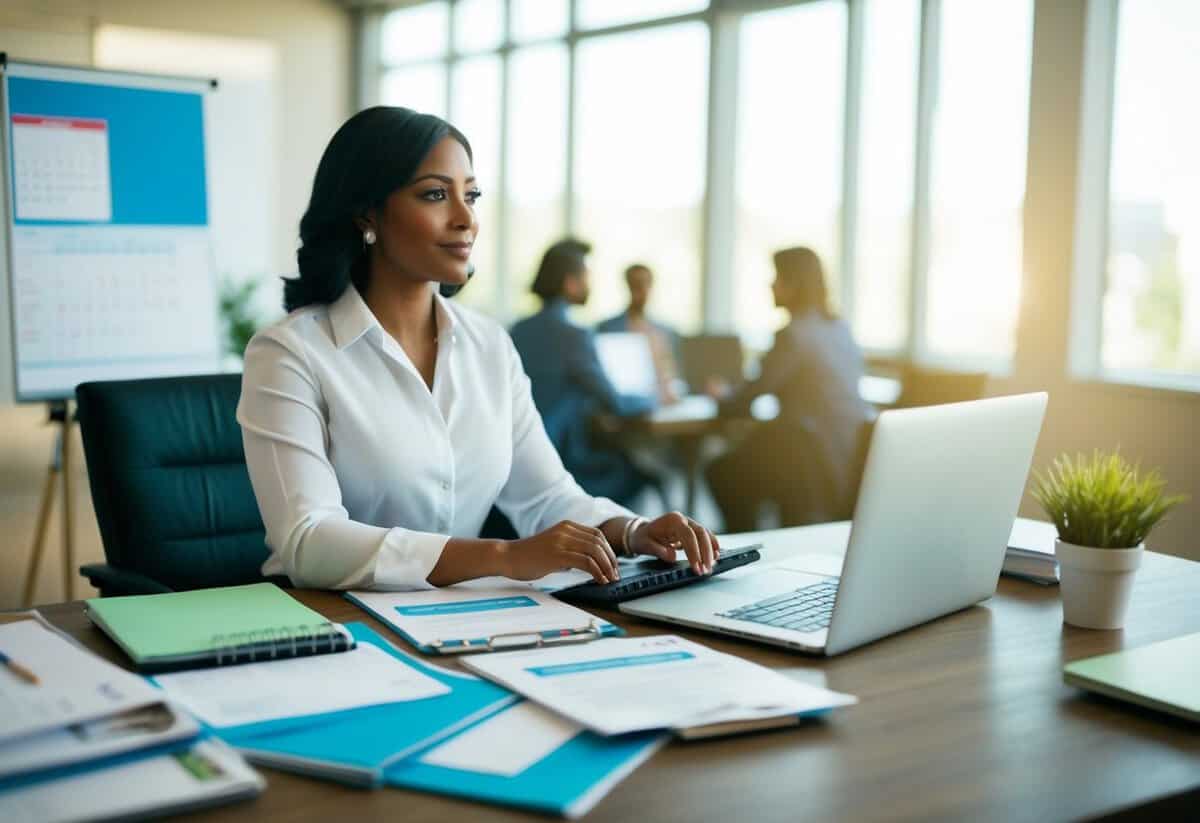 An event manager sits at a desk surrounded by planning materials, a calendar, and a laptop. The room is filled with natural light, and the manager appears focused and organized