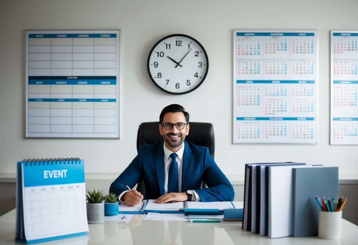 An event manager sits at a desk, surrounded by calendars and schedules. A clock on the wall shows different times of day, indicating long hours of work