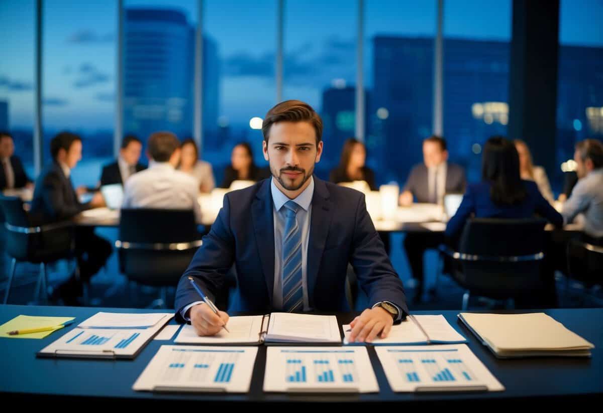 An event manager sits at a desk, surrounded by charts and schedules. The room is filled with the buzz of constant activity, as the manager works late into the evening