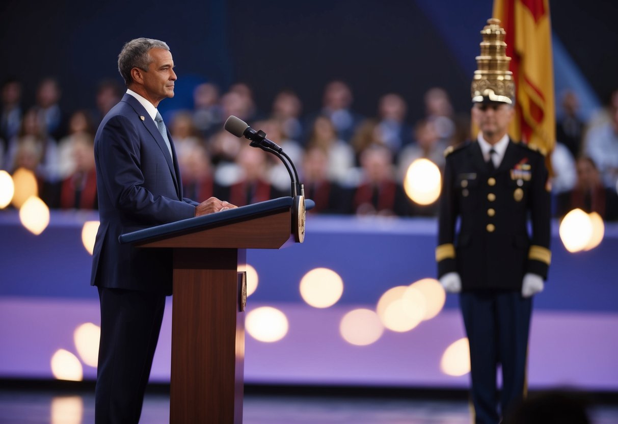 A figure standing in front of a podium with a ceremonial object on display