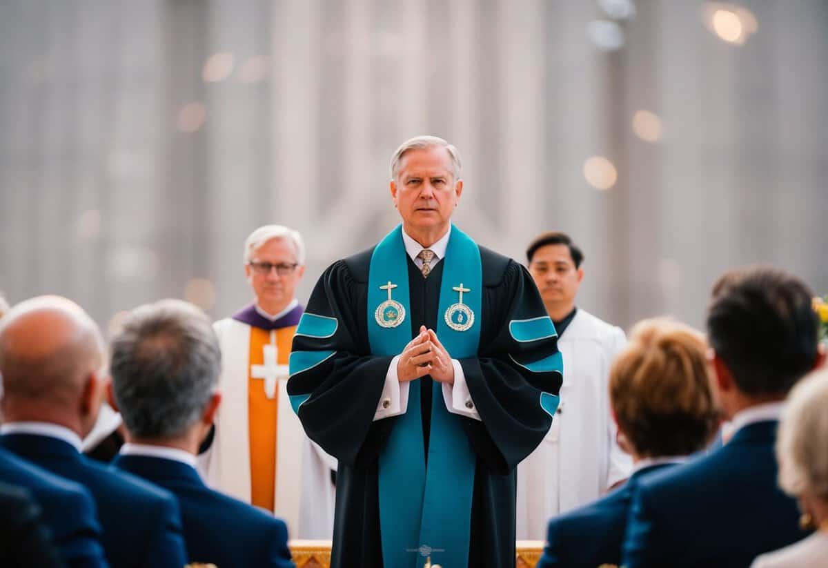 A figure standing before a group, officiating a ceremony with solemnity and authority