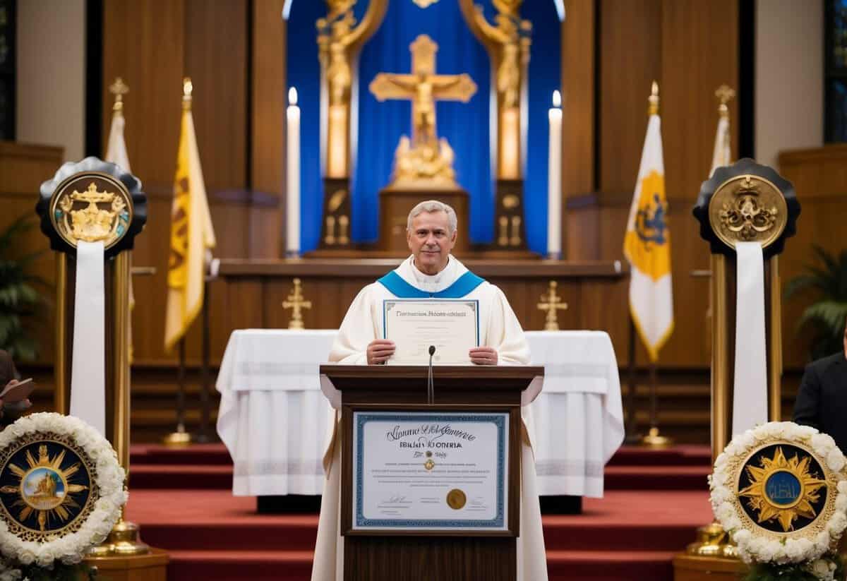 A figure stands at a podium with a marriage certificate, surrounded by symbols of authority and religious significance