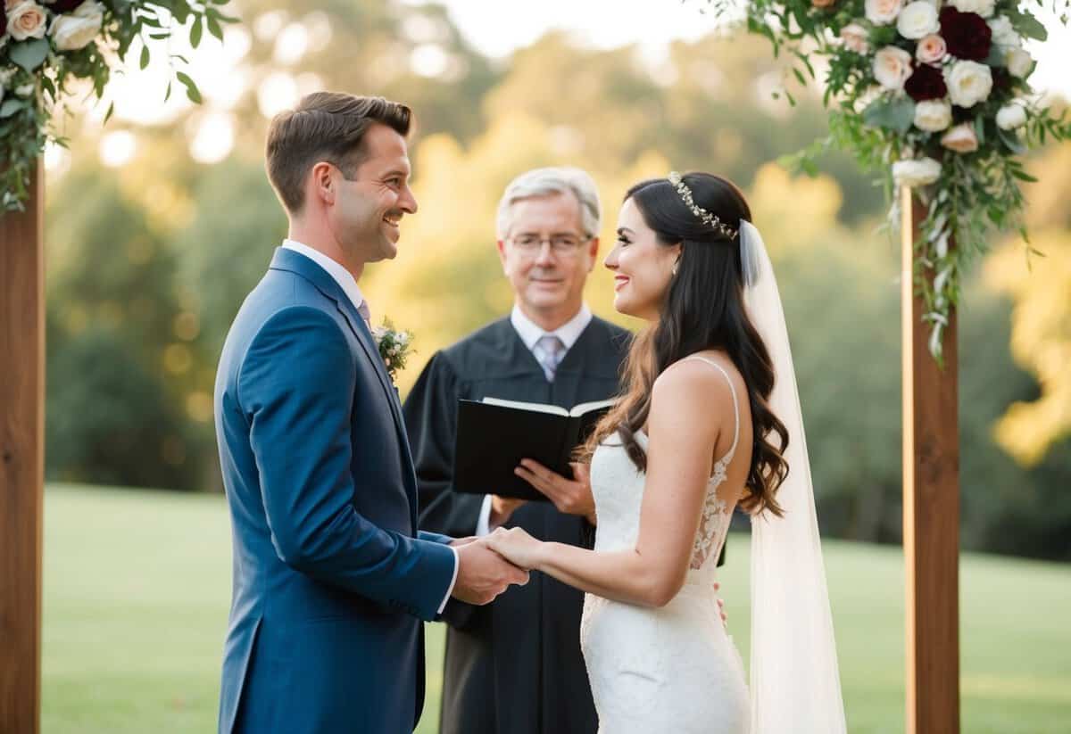 A couple standing before an officiant, exchanging vows in a serene outdoor setting