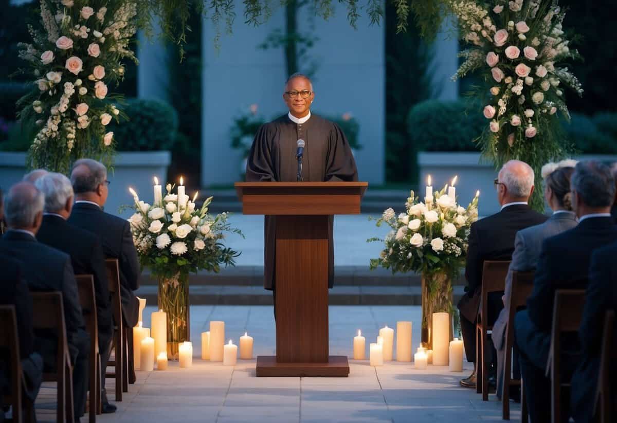 A celebrant standing at a podium in a serene funeral setting, surrounded by flowers and candles, with mourners seated in respectful silence