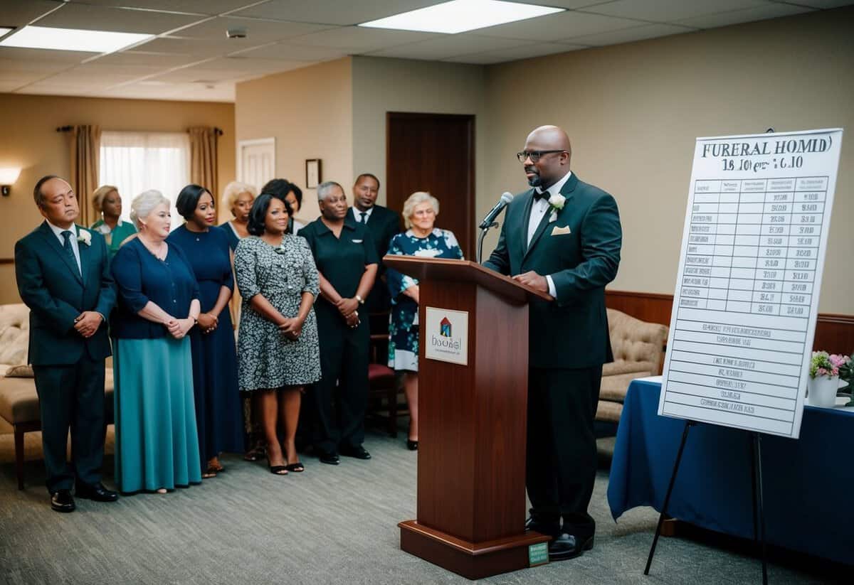 A celebrant stands at a podium in a funeral home, surrounded by grieving family members. A chart with pricing information is displayed on a nearby table