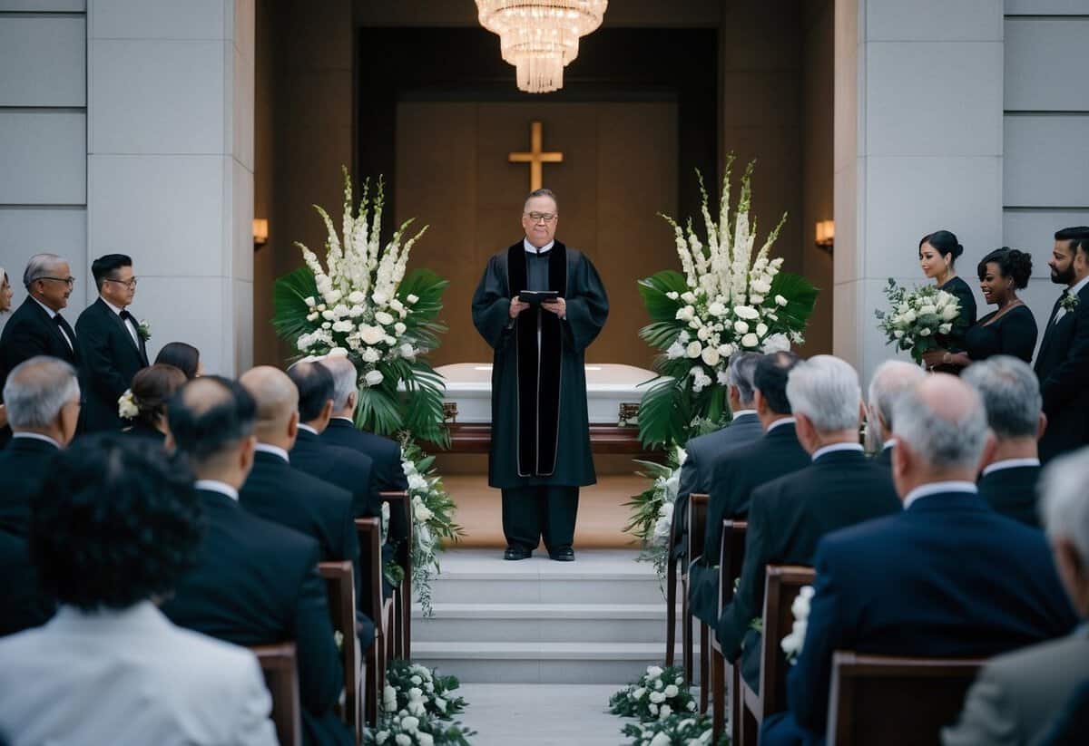 A somber funeral setting with a celebrant leading the ceremony, surrounded by mourners and floral arrangements