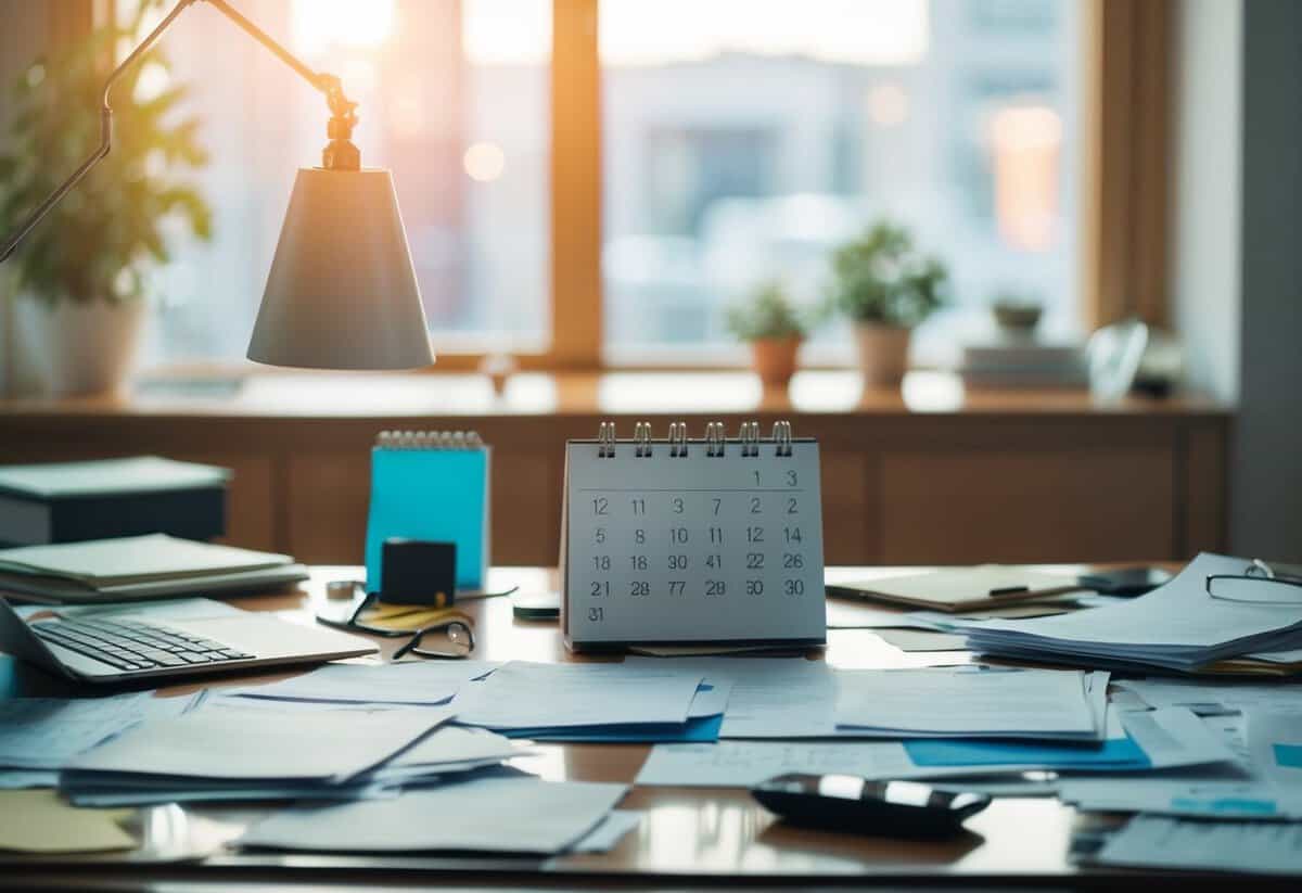 A cluttered desk with scattered papers, a calendar, and a stressed expression