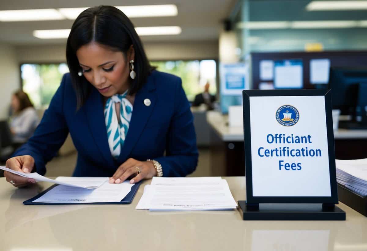 A person filling out paperwork at a government office, with a sign displaying "Officiant Certification Fees" on the counter