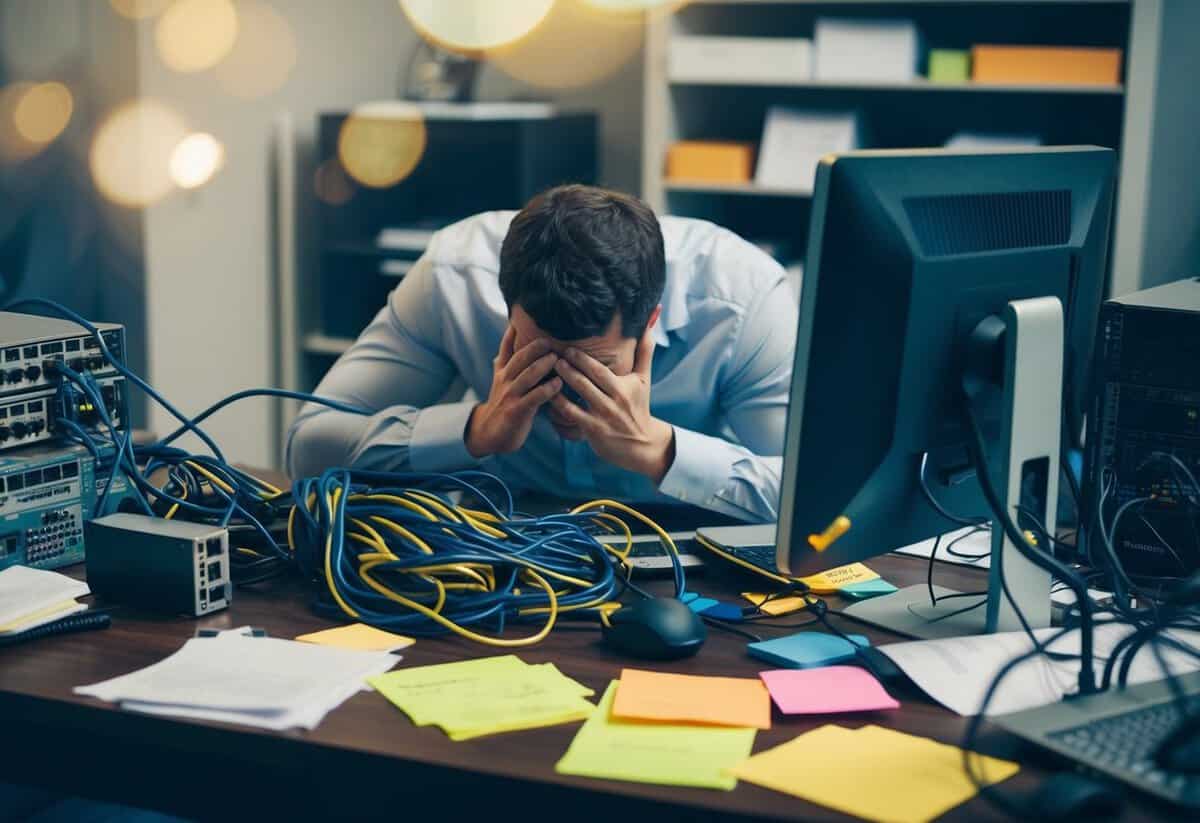 A cluttered desk with tangled cords and a computer surrounded by scattered papers and sticky notes. A stressed figure hunched over the desk, surrounded by networking equipment