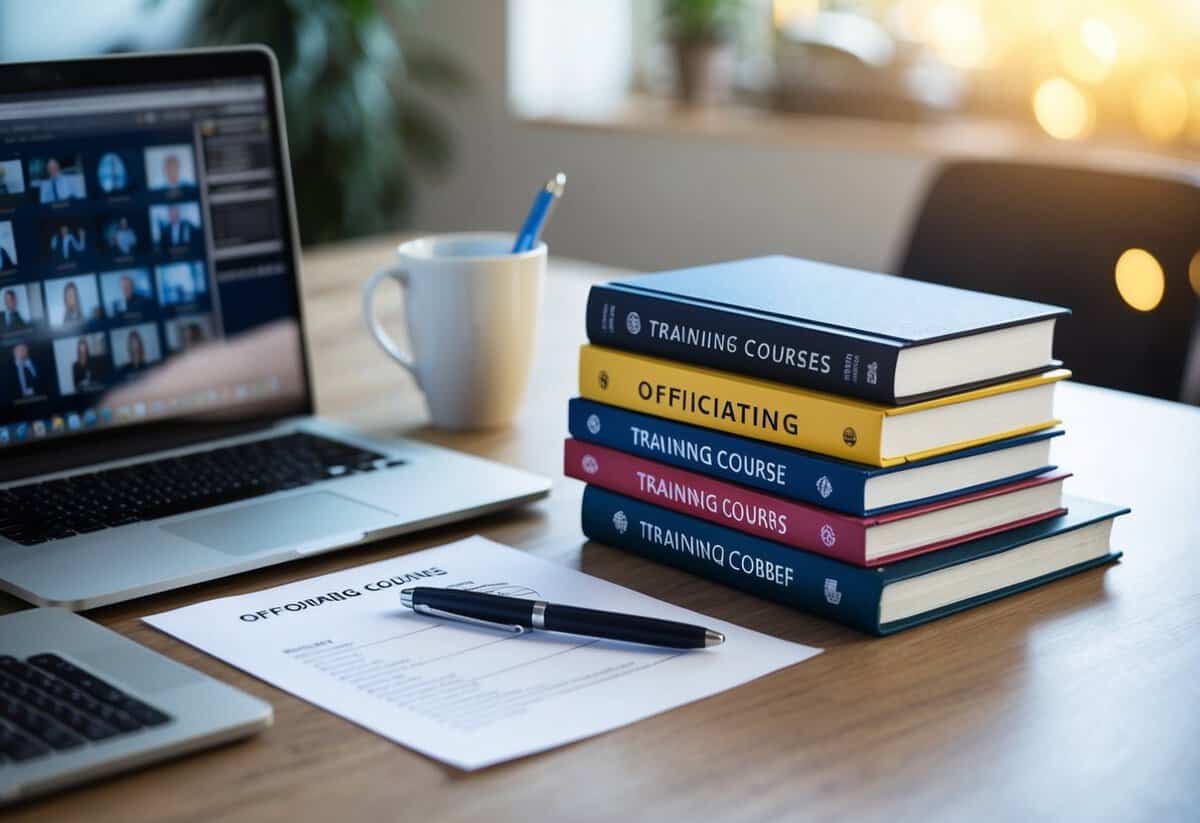 A desk with a laptop, pen, and paper. A stack of books on officiating and a price list for training courses